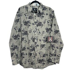 Rock & Roll Soul Morning Glory Floral LS Button Shirt Gray Mens Size XL New